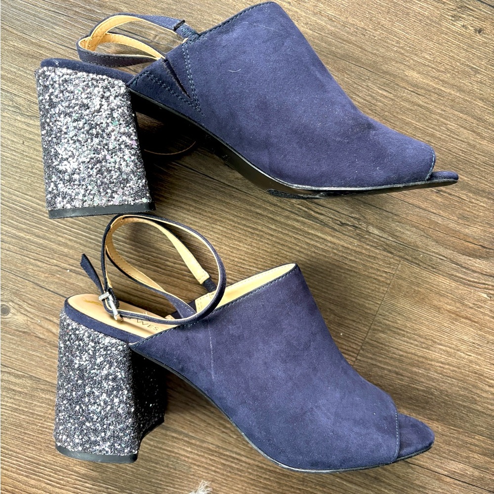 Nine West navy and silver glitter block heels size 9